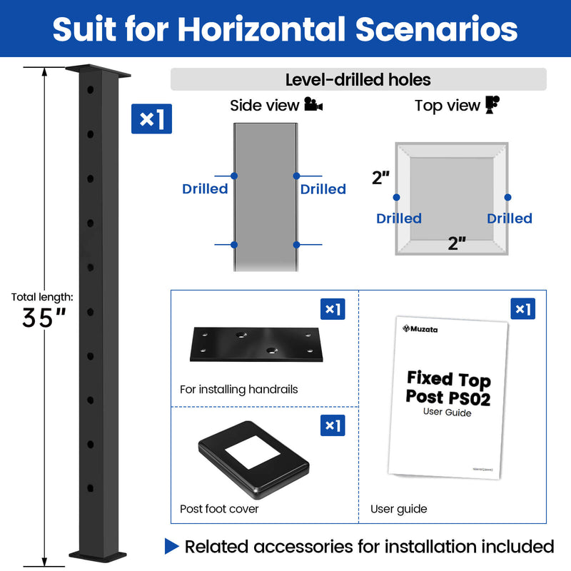 Load image into Gallery viewer, Muzata 36"x2"x2" Level-Drilled Flat Top Black Post PS02 BH4S