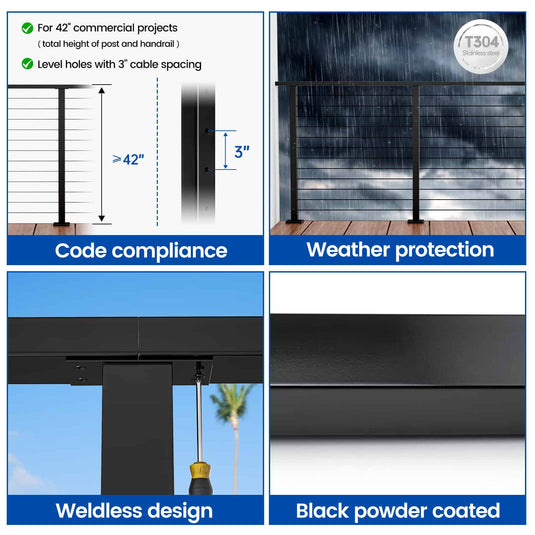 Muzata-42-in-black-stainless-steel-top-mount-post-level-drilled-ps02-bh4l-advantages