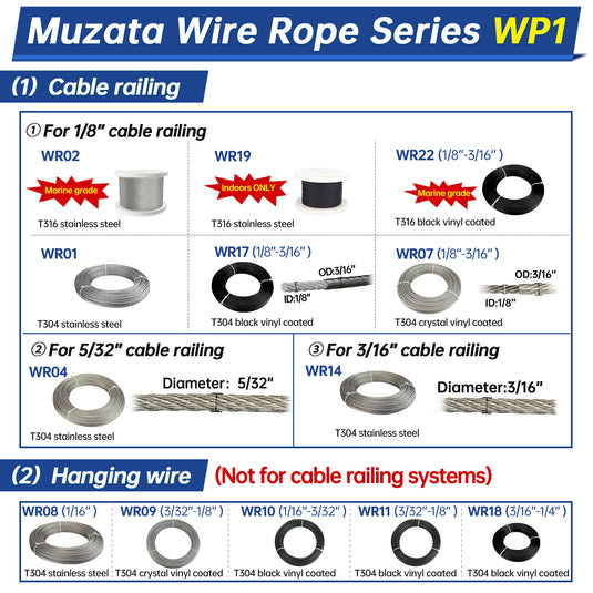 Muzata 1/8" Wire Rope T316 Stainless Steel Marine Grade for Cable Railing System WR02 on Reel