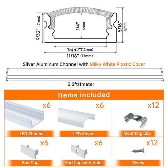 Muzata U Shape LED Silver Aluminum Channel System with Milky White Cover Lens U1SW WW