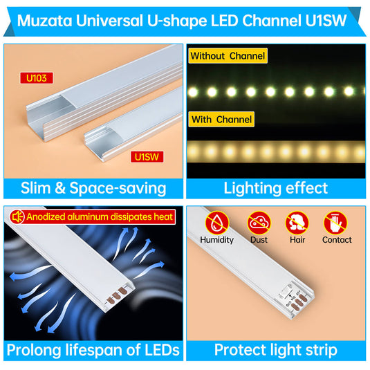 Muzata U Shape LED Silver Aluminum Channel System with Milky White Cover Lens U1SW WW