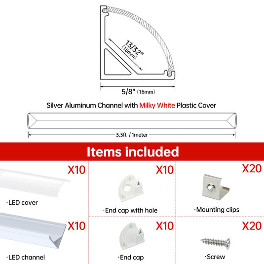Muzata 10 Pack V-Shape LED Channel with Milky White Cover V1SW WW