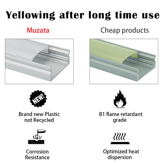 Muzata U Shape LED Silver Aluminum Channel System with Milky White Cover Lens U1SW WW