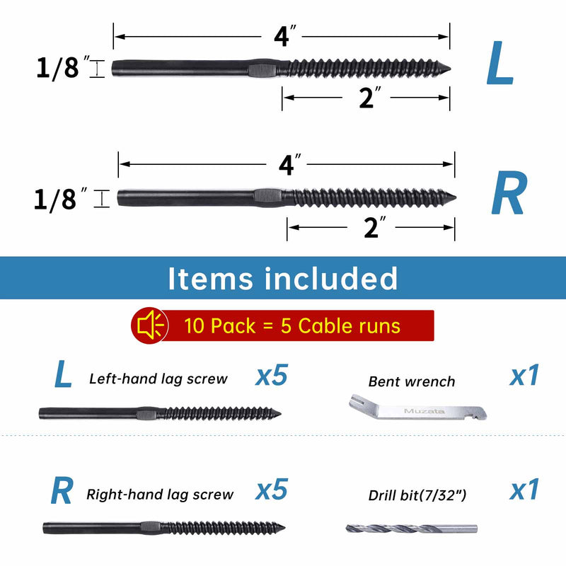 Load image into Gallery viewer, Muzata Black Lag Screw Left &amp; right Cable Railing Kit 1/8&quot; CK17
