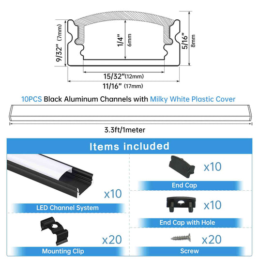 Muzata 10Pack 3.3ft/1M U Shape Black LED Channel with Milky White Cover Lens U1SW BW