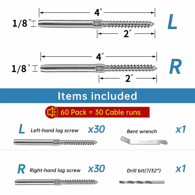 Load image into Gallery viewer, Muzata Lag Screw Left &amp; Right Cable Railing Kit 1/8&quot; CK17
