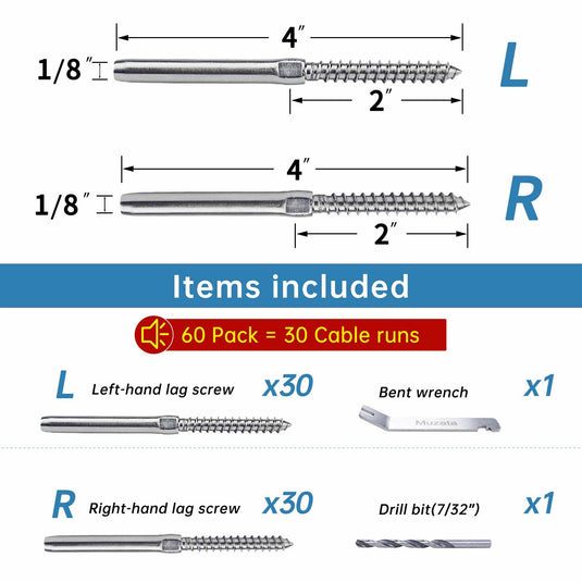 Muzata Lag Screw Left & Right Cable Railing Kit 1/8" CK17