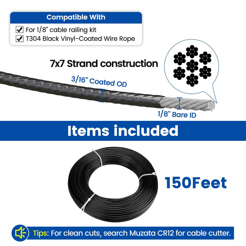 Load image into Gallery viewer, Muzata Black Vinyl Coated Wire Rope 1/8&quot; Thru 3/16&quot; for 1/8&quot; Black Cable Railing System WR17
