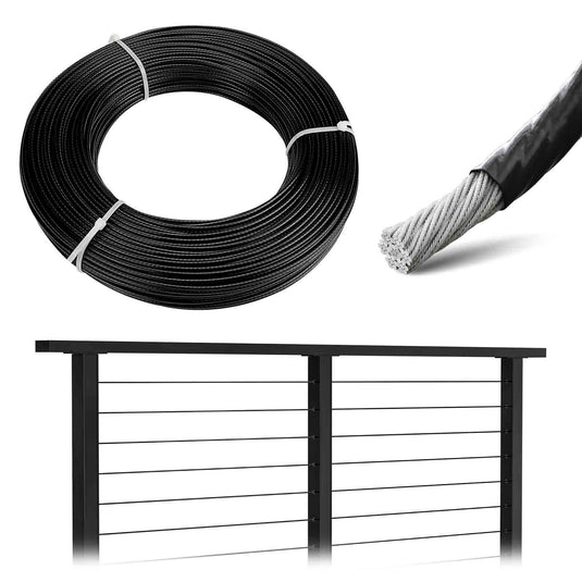 Muzata Black Vinyl Coated Wire Rope 1/8" Thru 3/16" for 1/8" Black Cable Railing System WR17