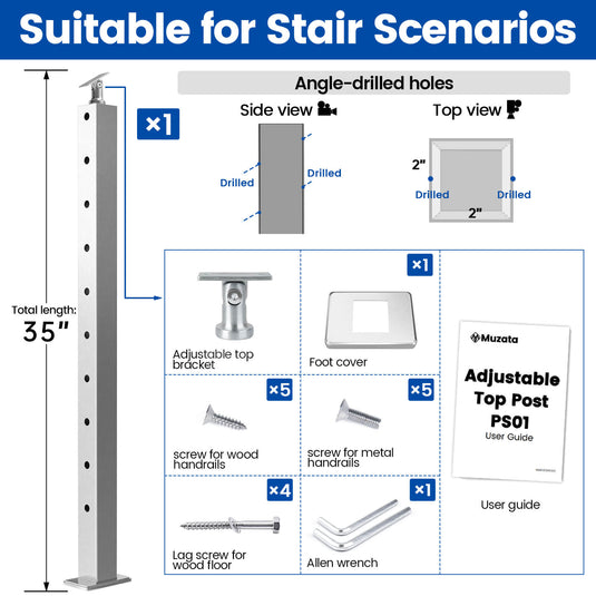 Muzata 36"x2"x2" 30°-Drilled Brushed Angle Top Post PS01 LA4S