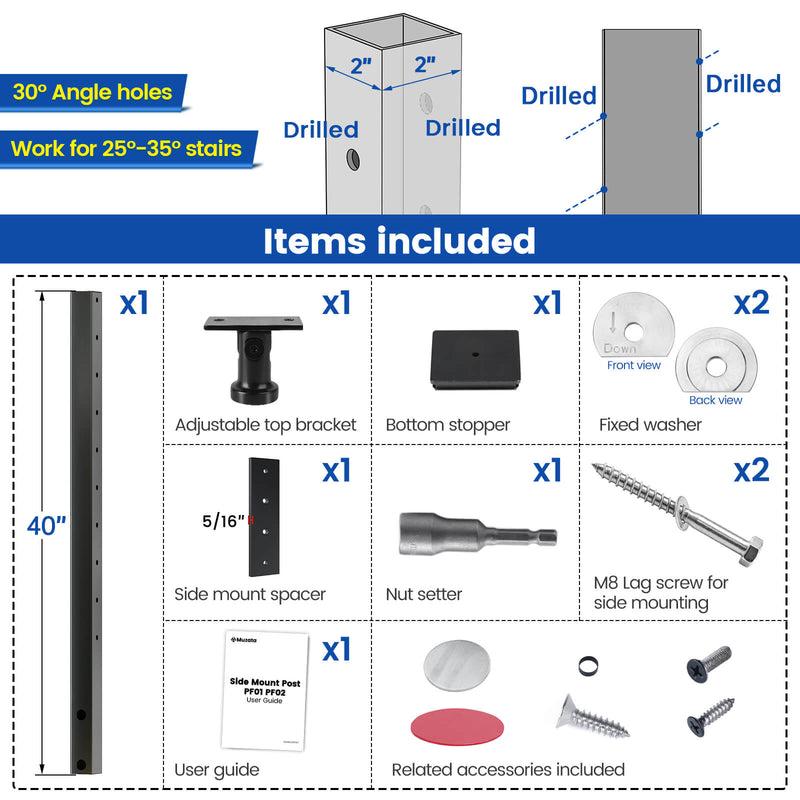 Load image into Gallery viewer, Muzata 36&#39;&#39;x2&#39;&#39;x2&#39;&#39; 30°-drilled Top Stainless Steel Side Mount Post PF01 BB4S
