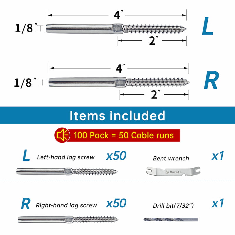 Load image into Gallery viewer, Muzata 1/8&quot; T316 Stainless Steel Swage Lag Screws Left &amp; Right Cable Railing Hardware,CK17
