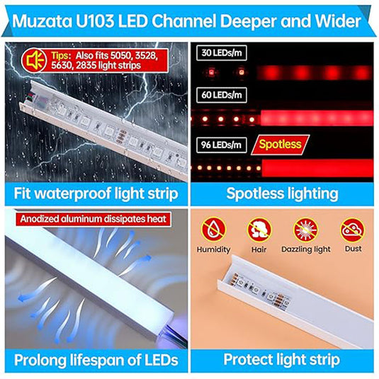 Muzata 3.3FT Spotless White LED U Aluminum Channel with Frosted Milky White Diffuser Cover U103